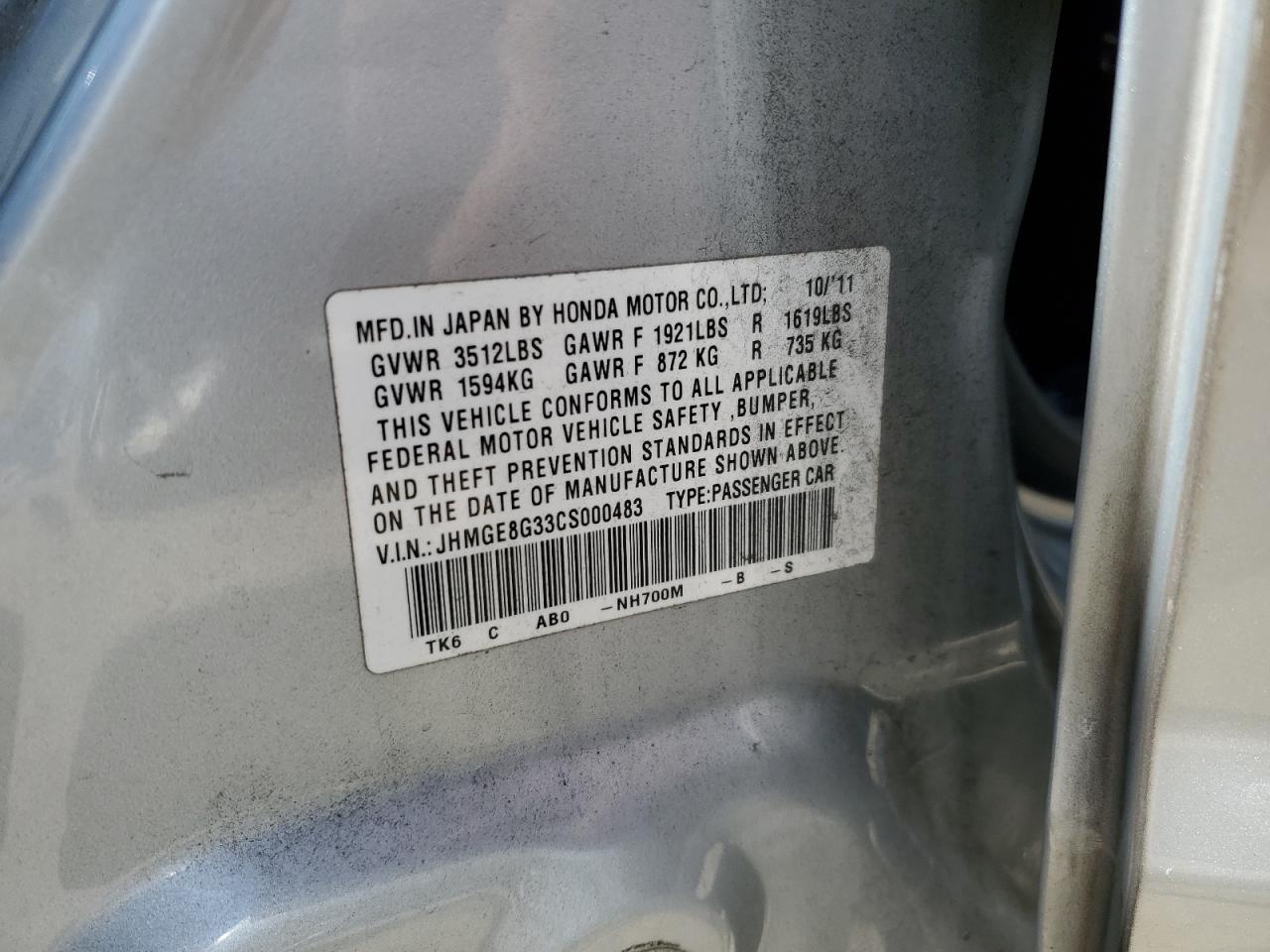 JHMGE8G33CS000483 2012 Honda Fit