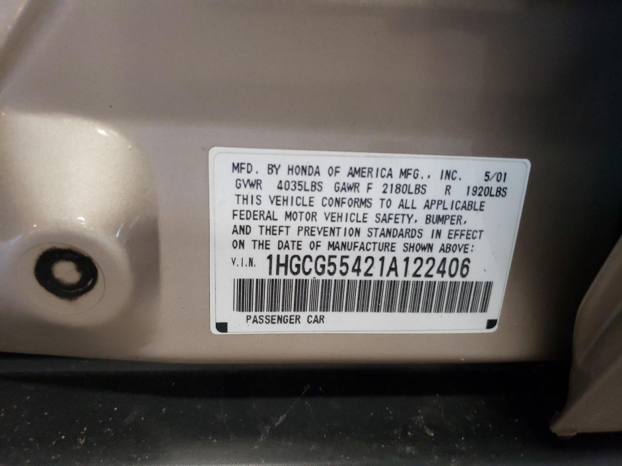 1HGCG55421A122406 2001 Honda Accord Lx