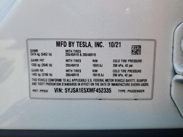 2021 Tesla Model S VIN: 5YJSA1E5XMF452335 Lot: 60663494