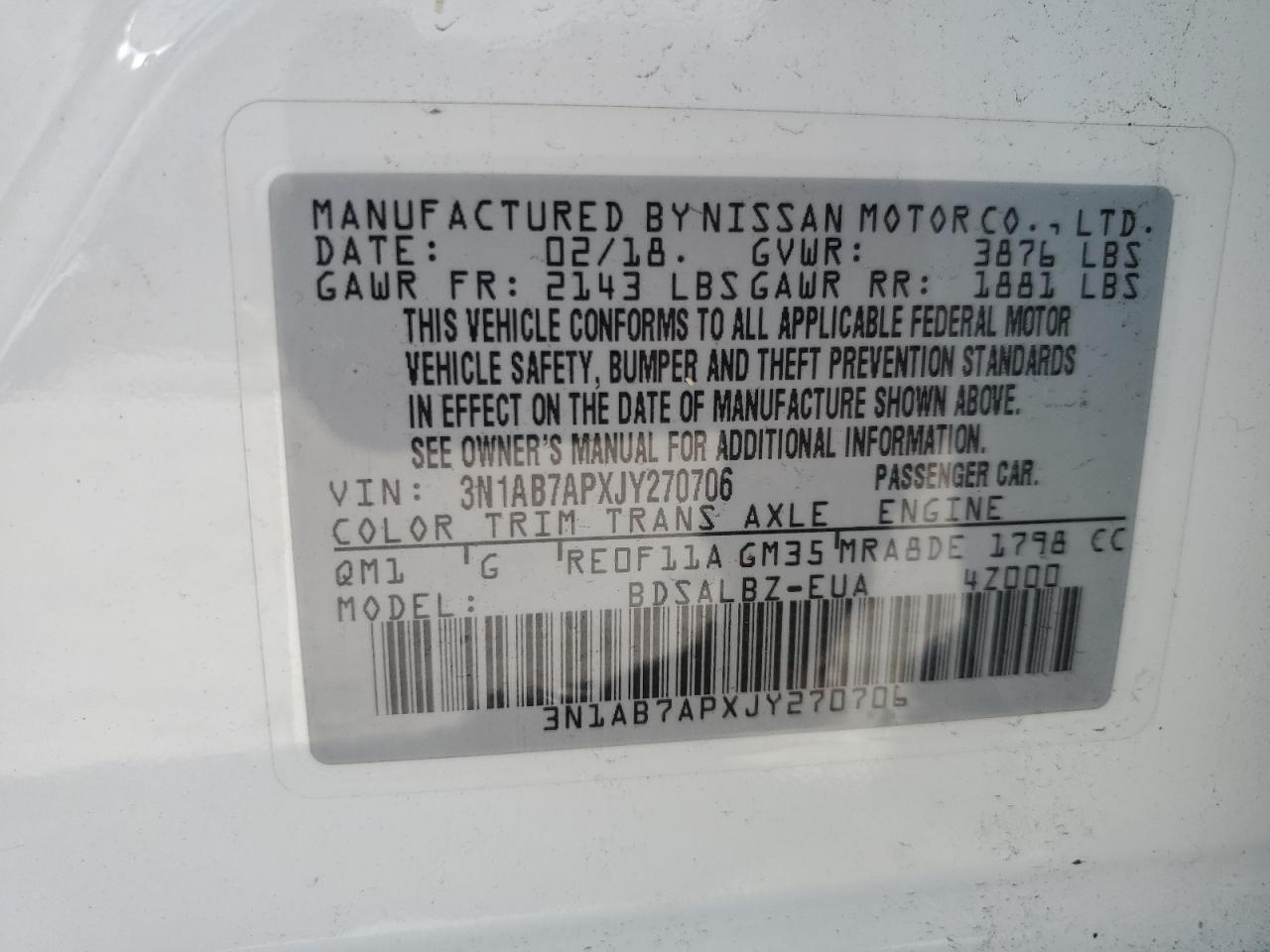 3N1AB7APXJY270706 2018 Nissan Sentra S