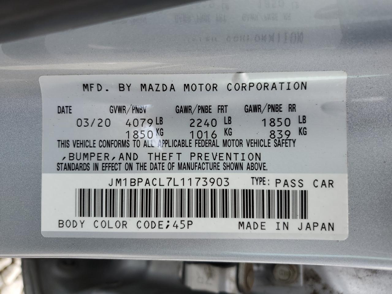 JM1BPACL7L1173903 2020 Mazda 3 Select