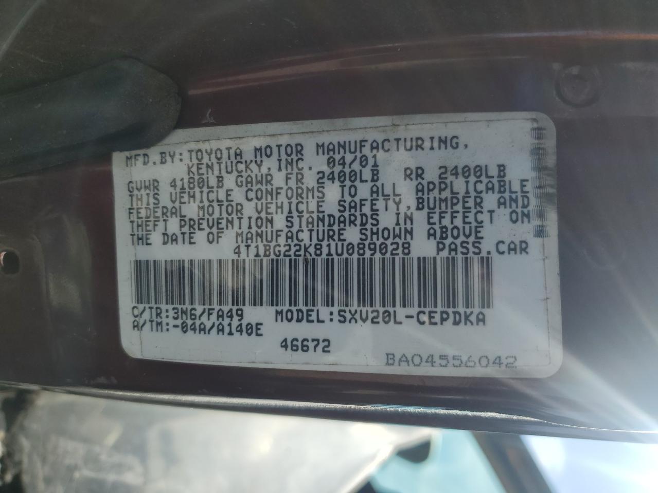 4T1BG22K81U089028 2001 Toyota Camry Ce