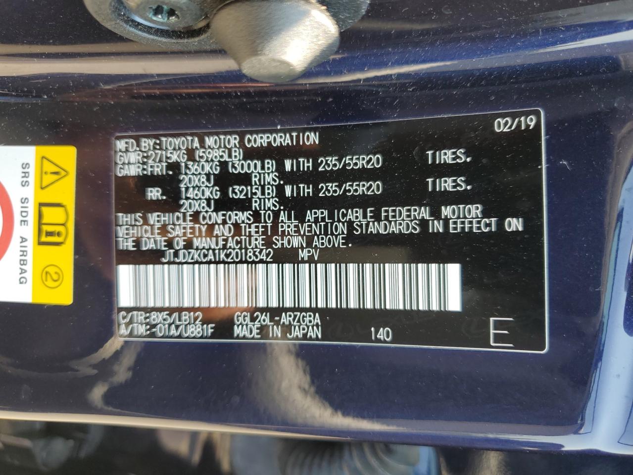 JTJDZKCA1K2018342 2019 Lexus Rx 350 L