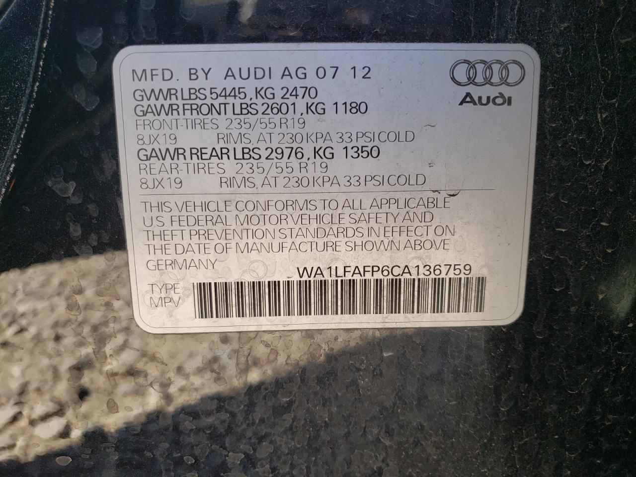 WA1LFAFP6CA136759 2012 Audi Q5 Premium Plus