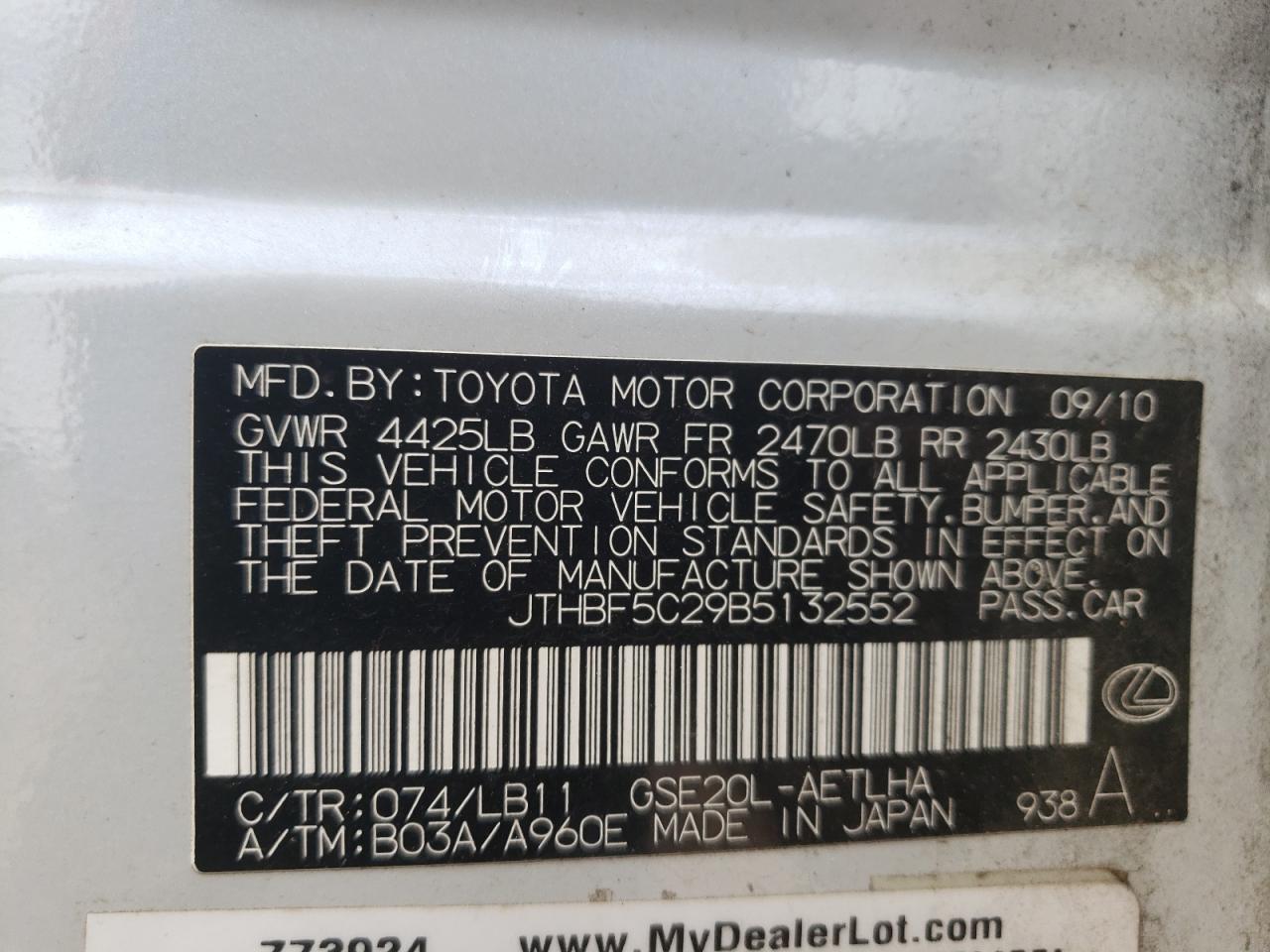 JTHBF5C29B5132552 2011 Lexus Is 250