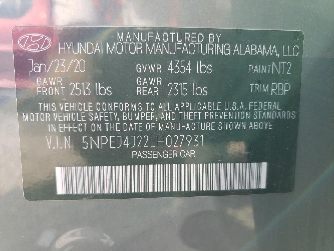 5NPEJ4J22LH027931 2020 Hyundai Sonata Sel Plus