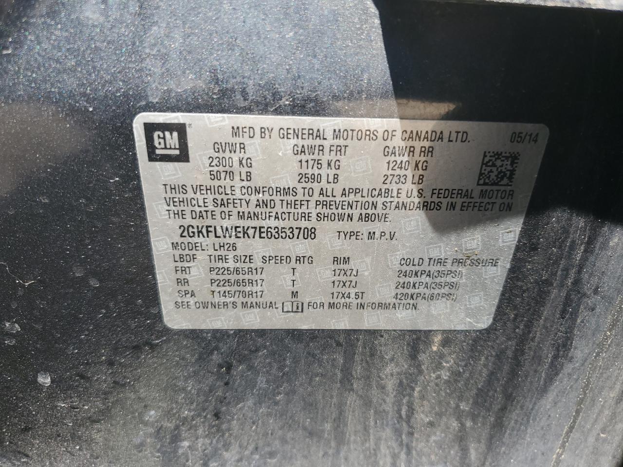 2GKFLWEK7E6353708 2014 GMC Terrain Sle