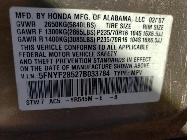 2007 Honda Pilot Exl VIN: 5FNYF28527B033784 Lot: 57323954
