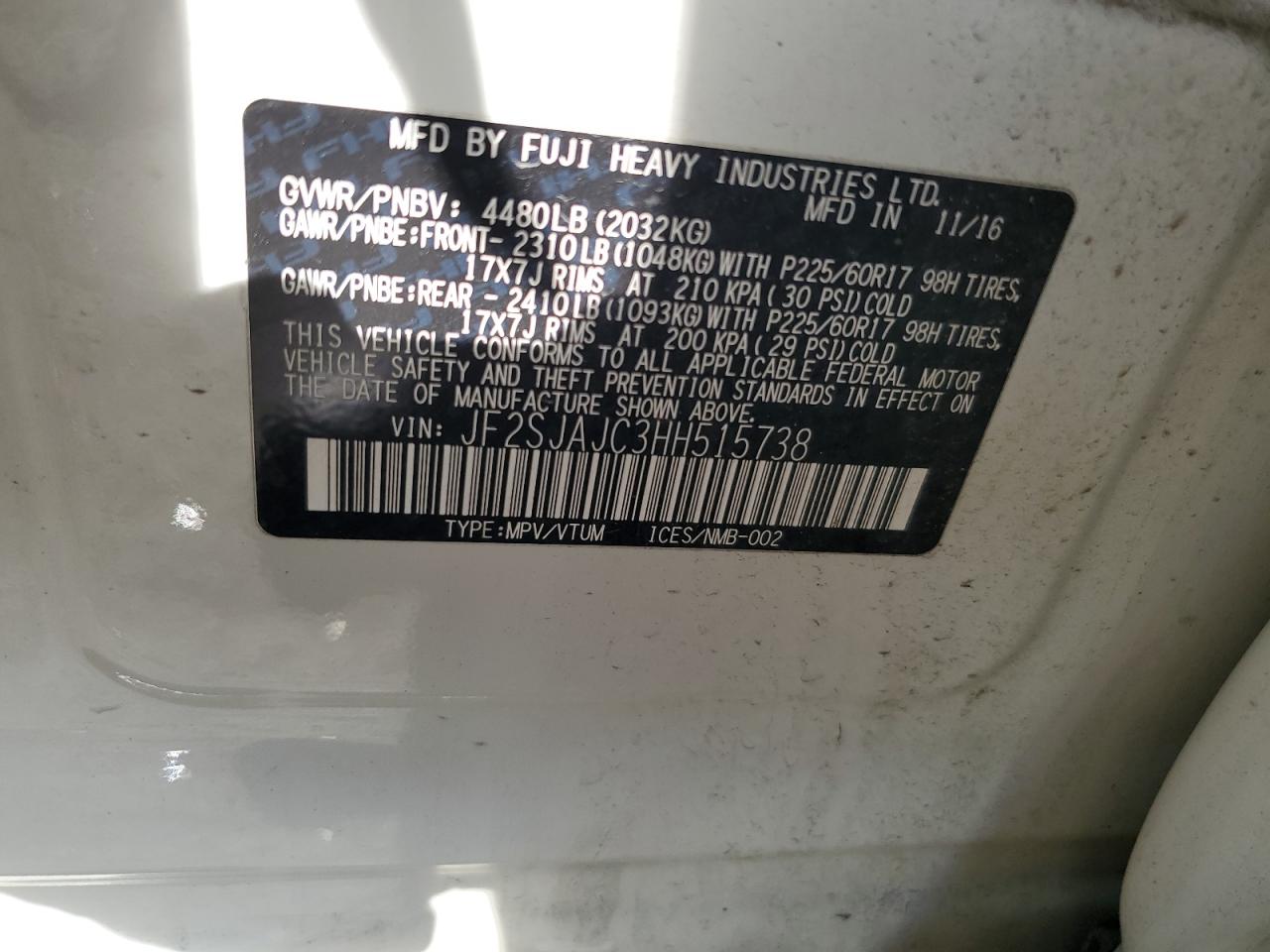 JF2SJAJC3HH515738 2017 Subaru Forester 2.5I Limited