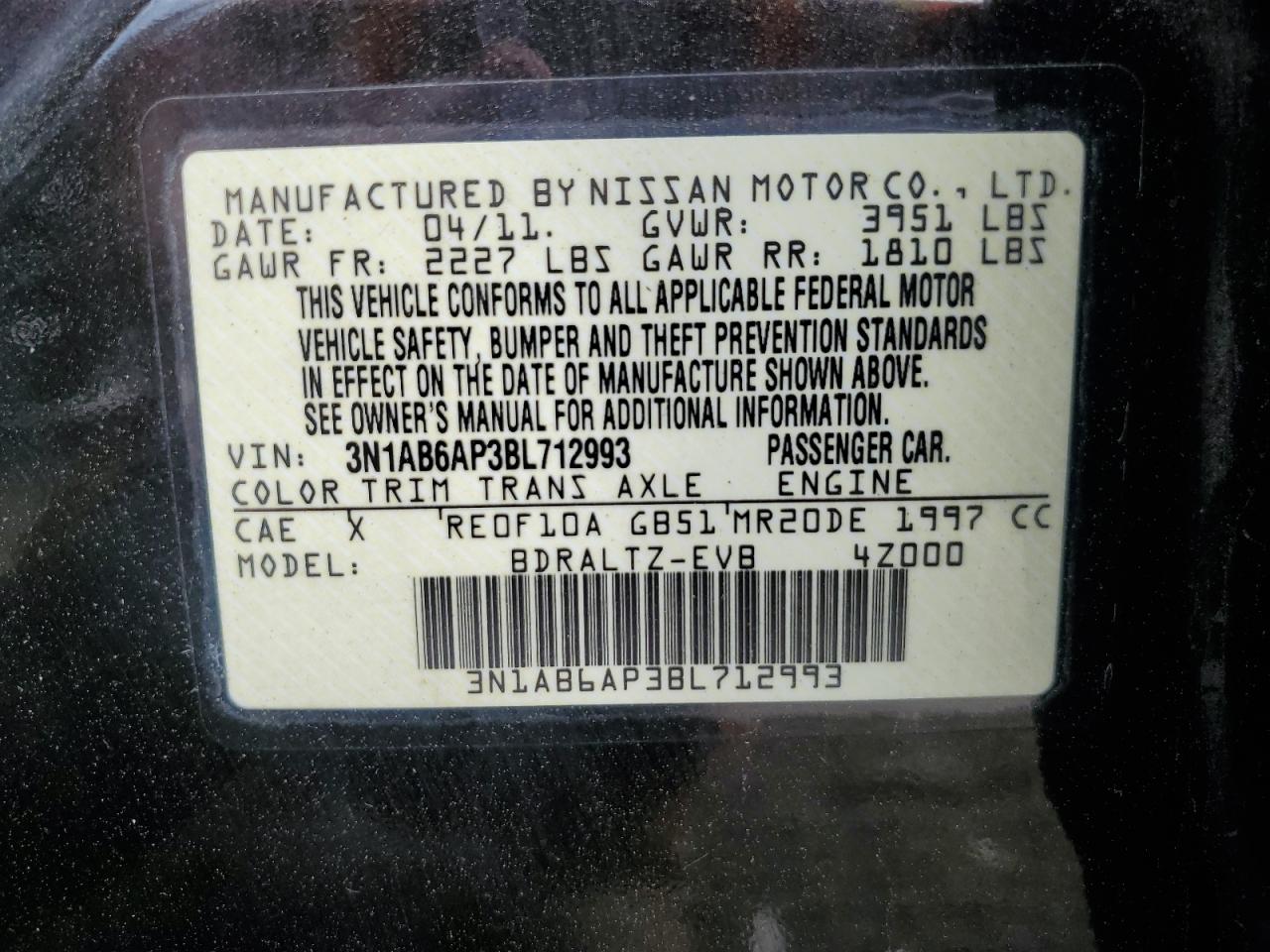 3N1AB6AP3BL712993 2011 Nissan Sentra 2.0