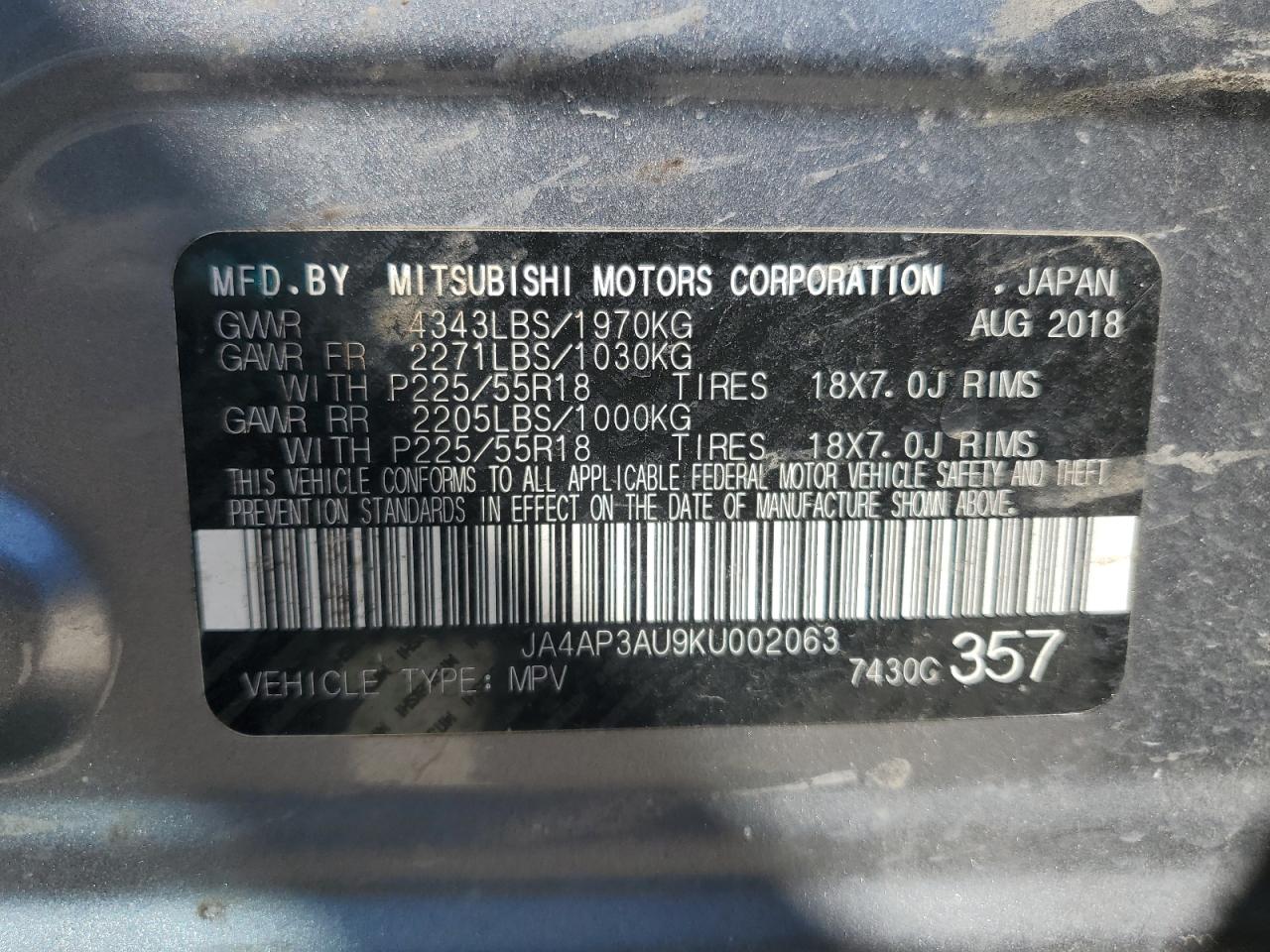 JA4AP3AU9KU002063 2019 Mitsubishi Outlander Sport Es