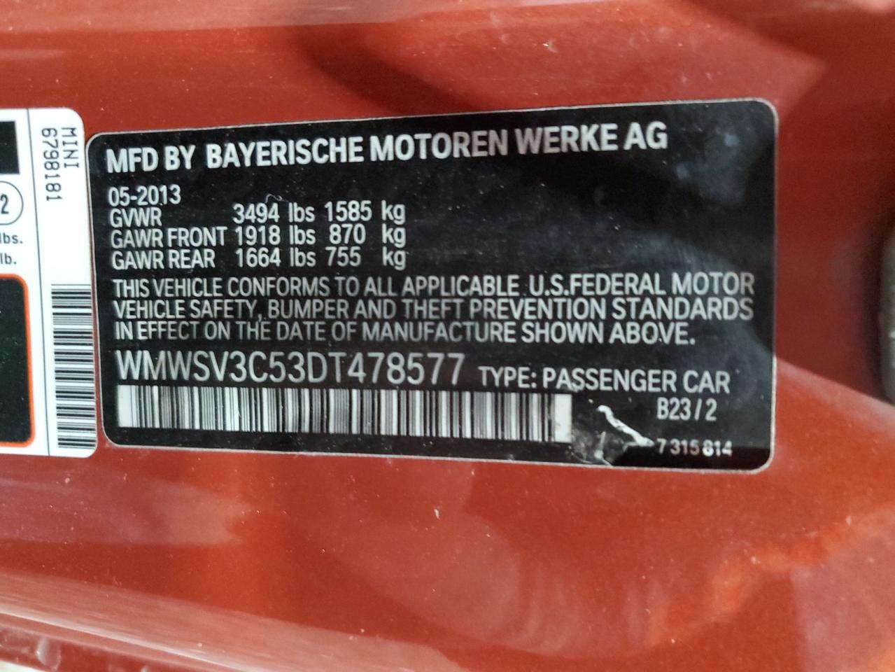 WMWSV3C53DT478577 2013 Mini Cooper S