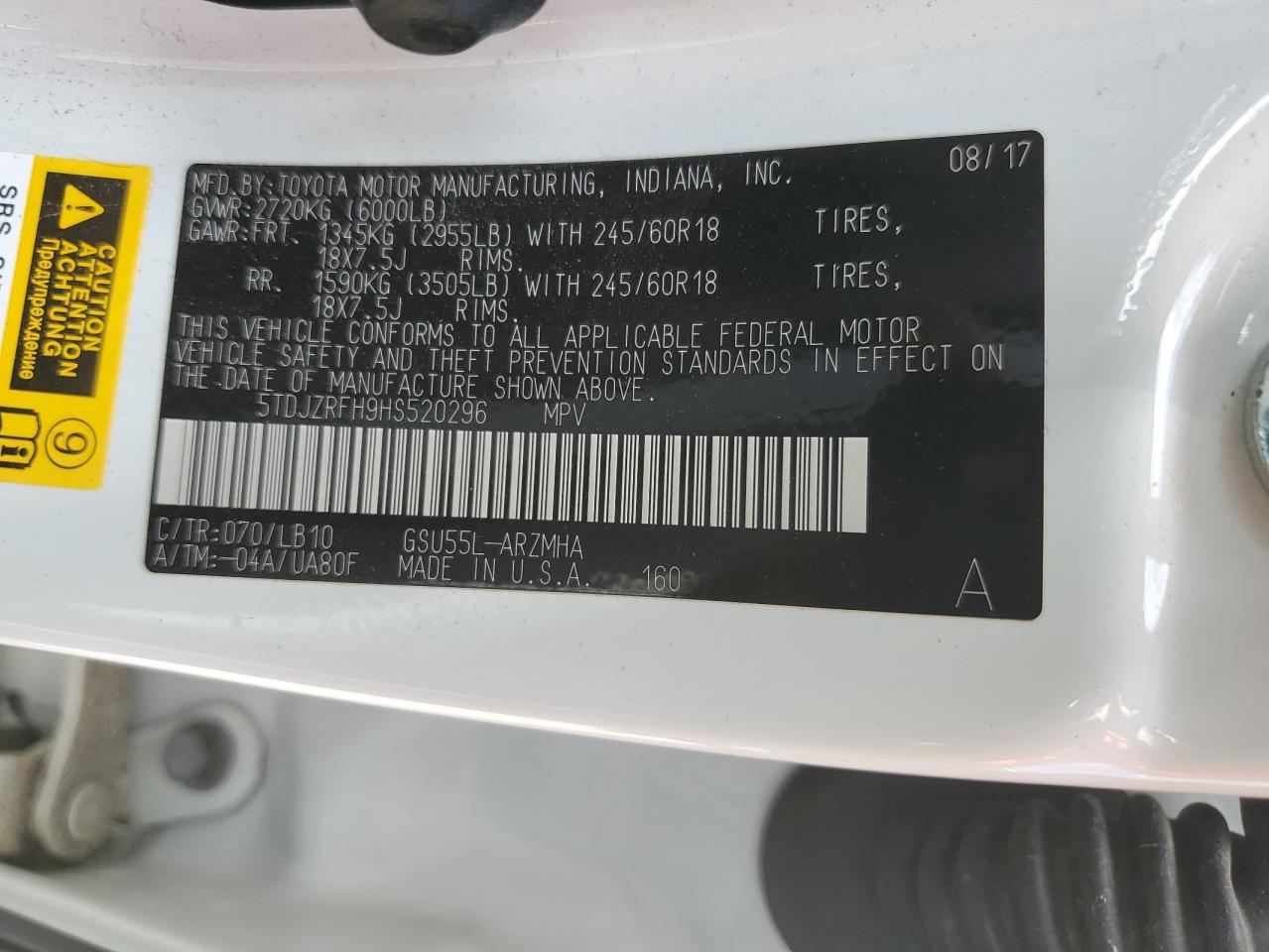 5TDJZRFH9HS520296 2017 Toyota Highlander Se