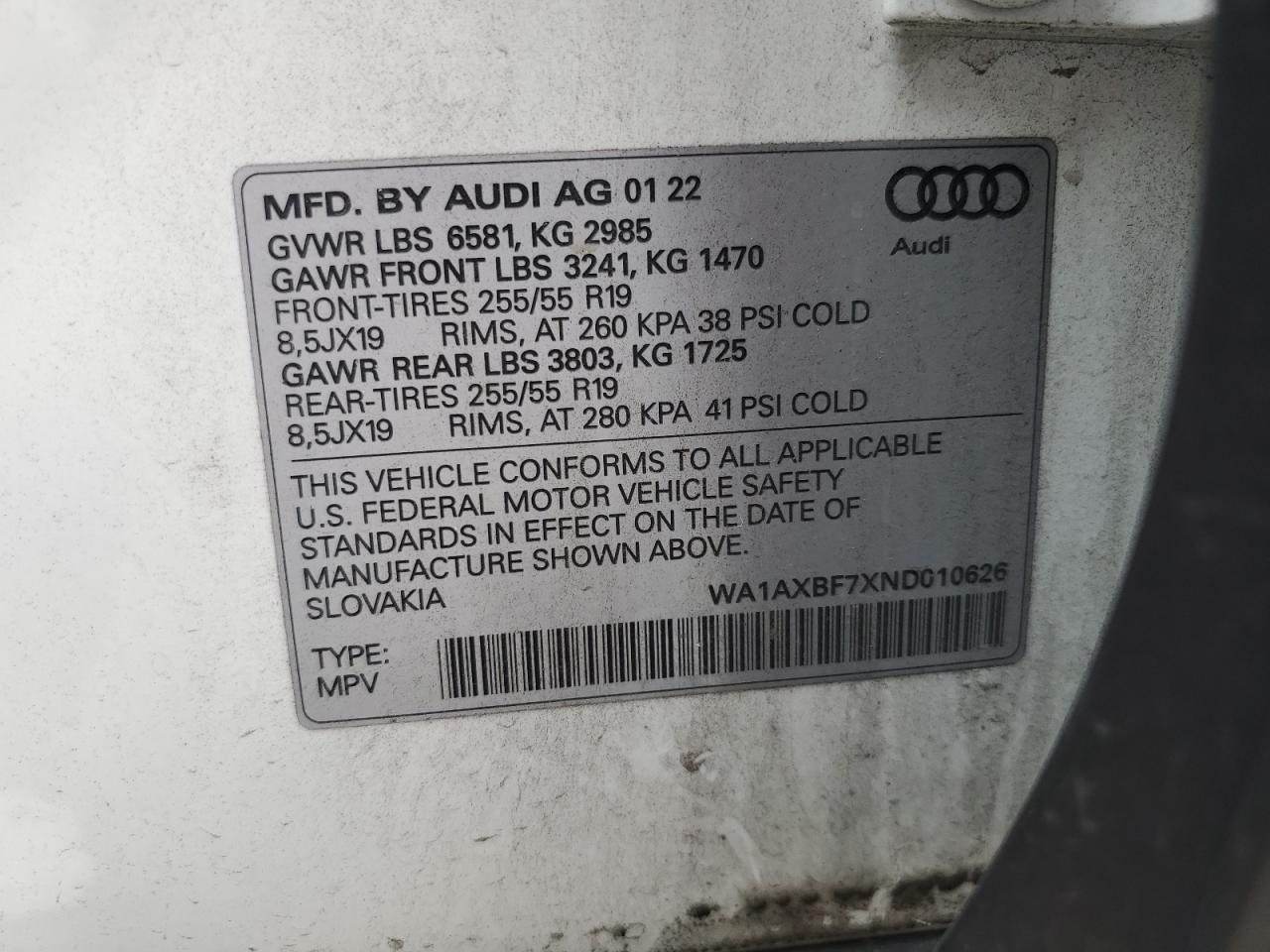 WA1AXBF7XND010626 2022 Audi Q7 Premium