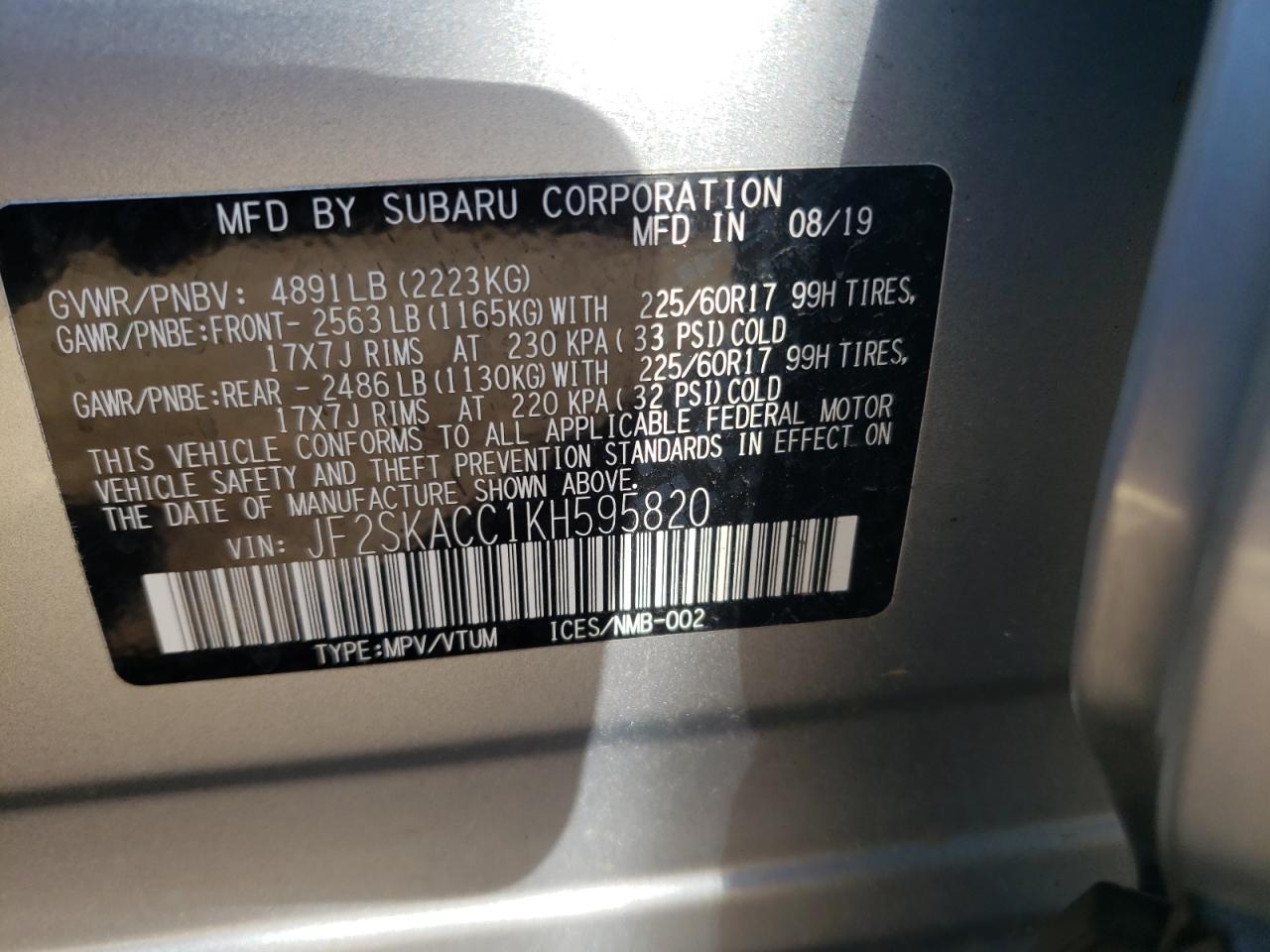 JF2SKACC1KH595820 2019 Subaru Forester