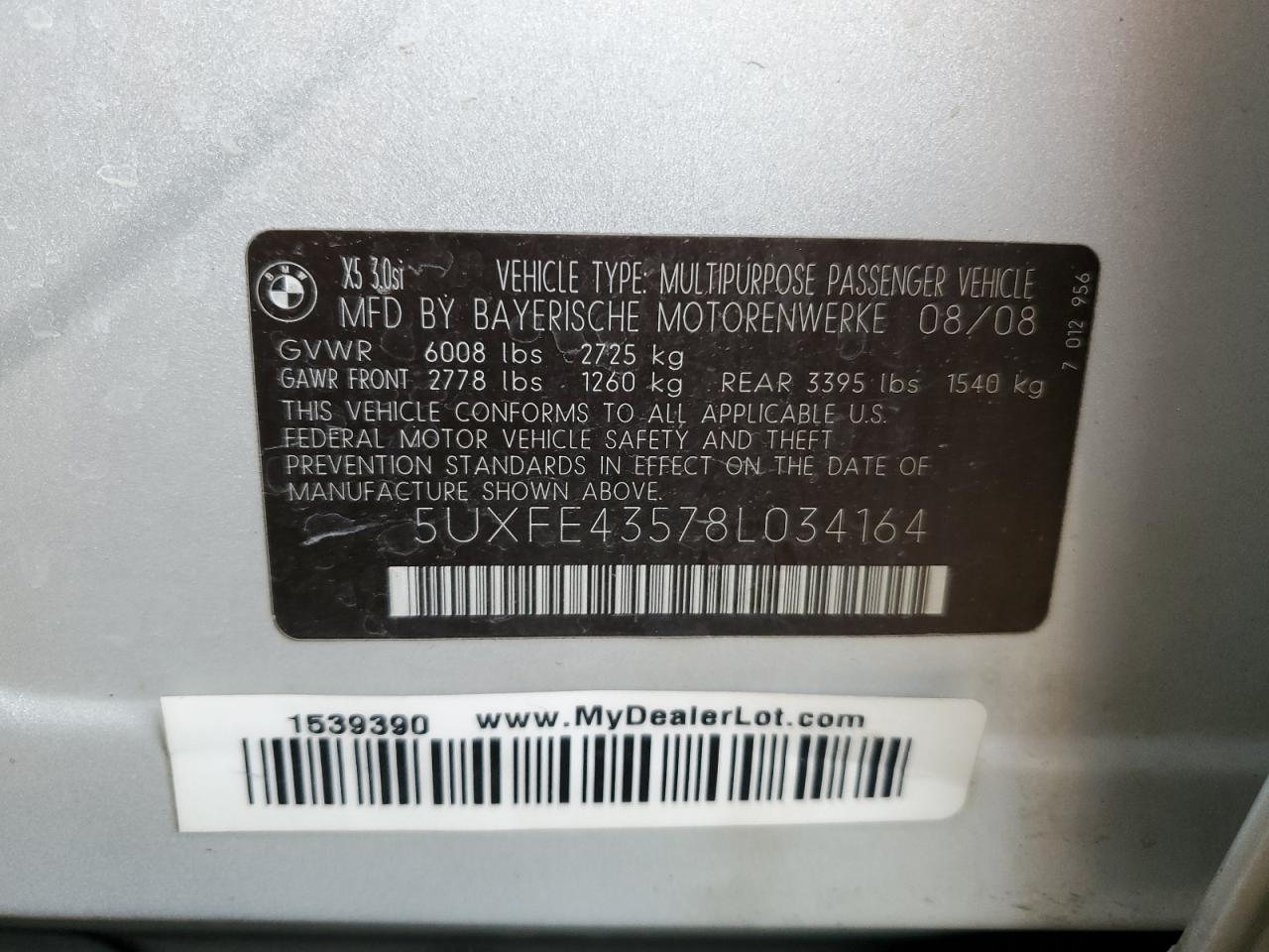 5UXFE43578L034164 2008 BMW X5 3.0I