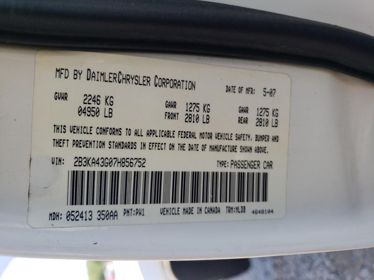 2B3KA43G07H856752 2007 Dodge Charger Se