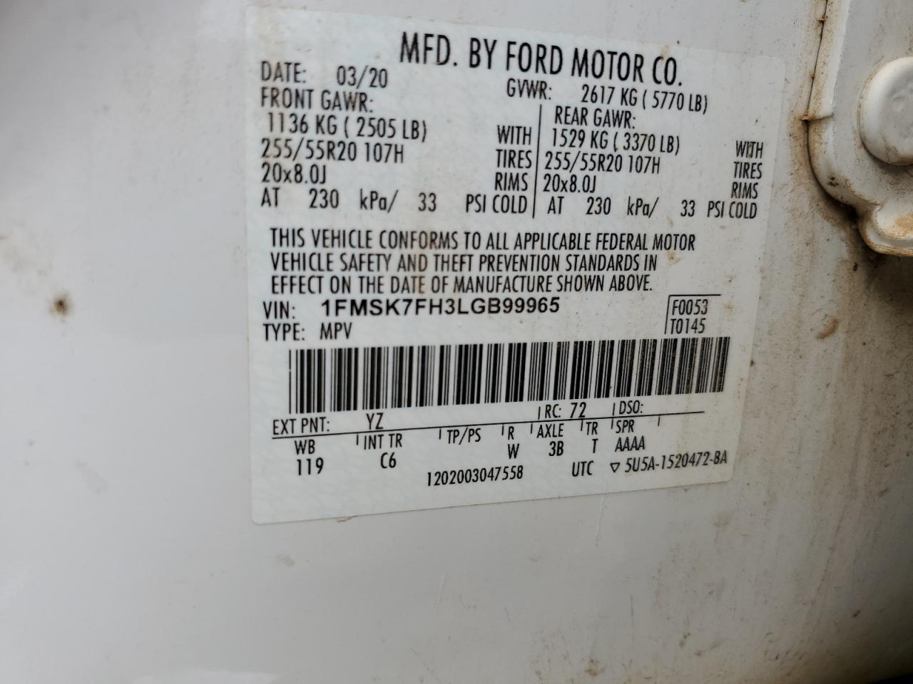 1FMSK7FH3LGB99965 2020 Ford Explorer Limited