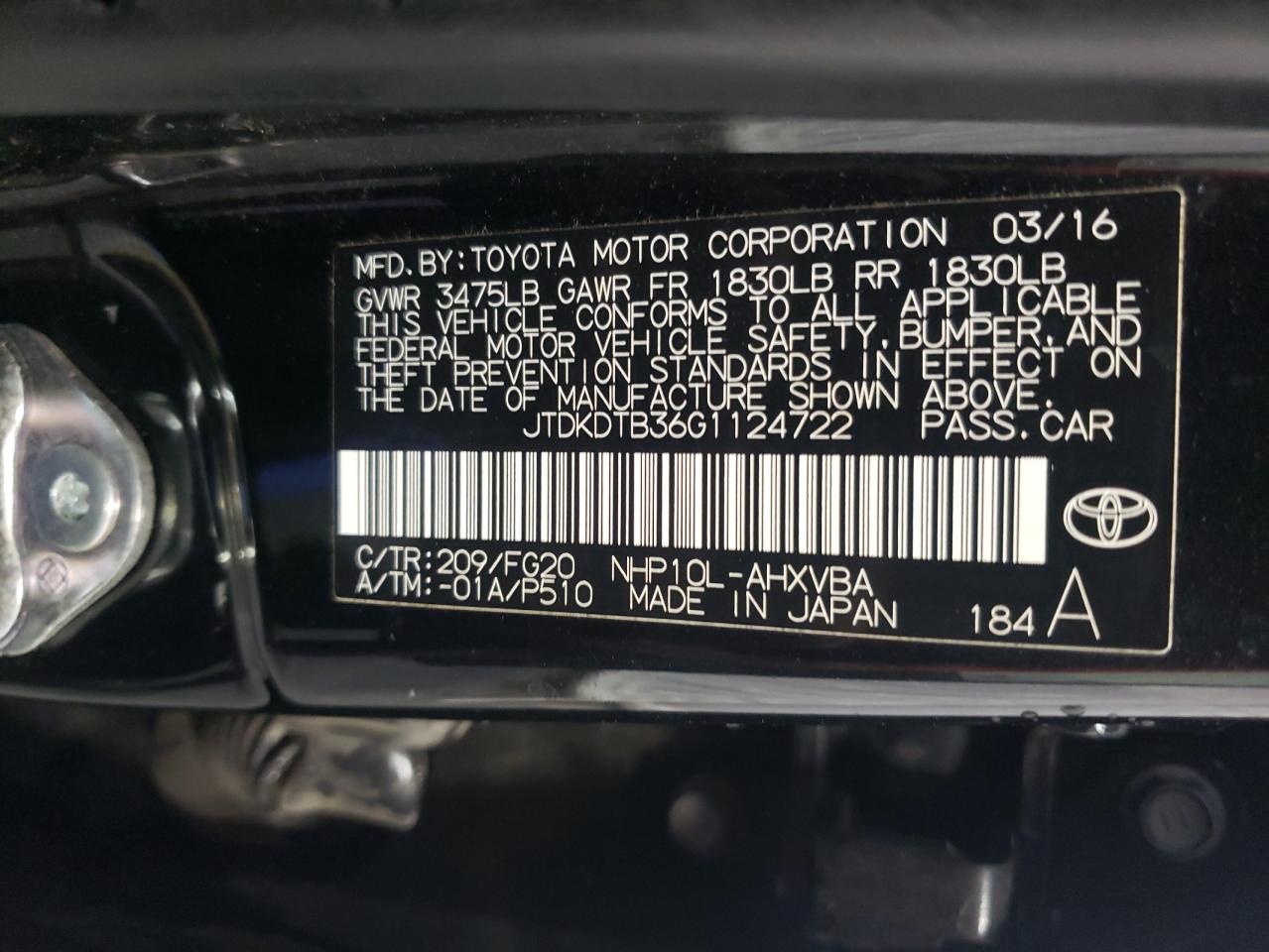 JTDKDTB36G1124722 2016 Toyota Prius C