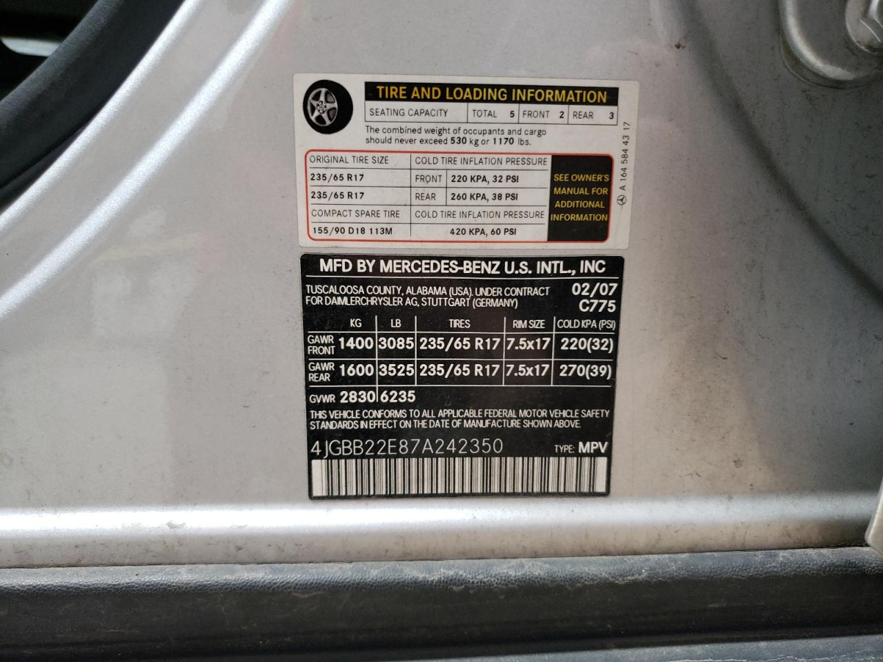 4JGBB22E87A242350 2007 Mercedes-Benz Ml 320 Cdi