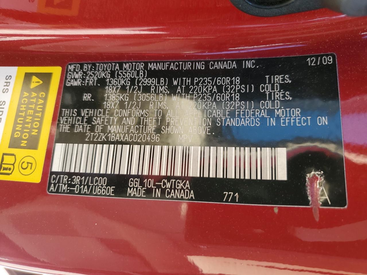 2T2ZK1BAXAC020496 2010 Lexus Rx 350