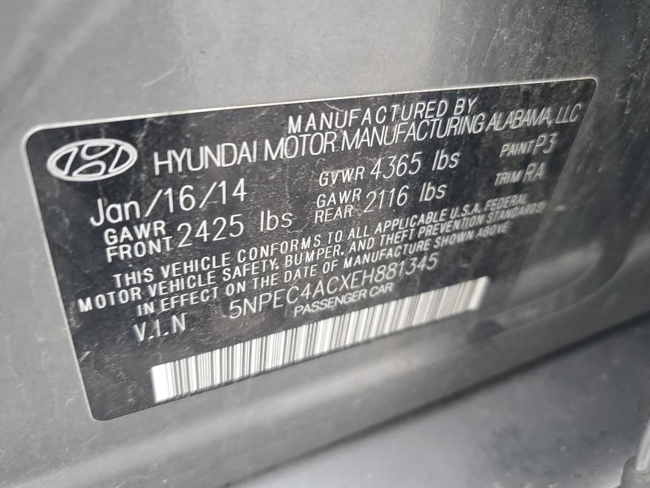 5NPEC4ACXEH881345 2014 Hyundai Sonata Se