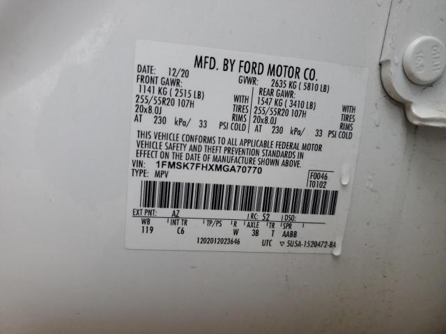 2021 Ford Explorer Limited VIN: 1FMSK7FHXMGA70770 Lot: 59836064