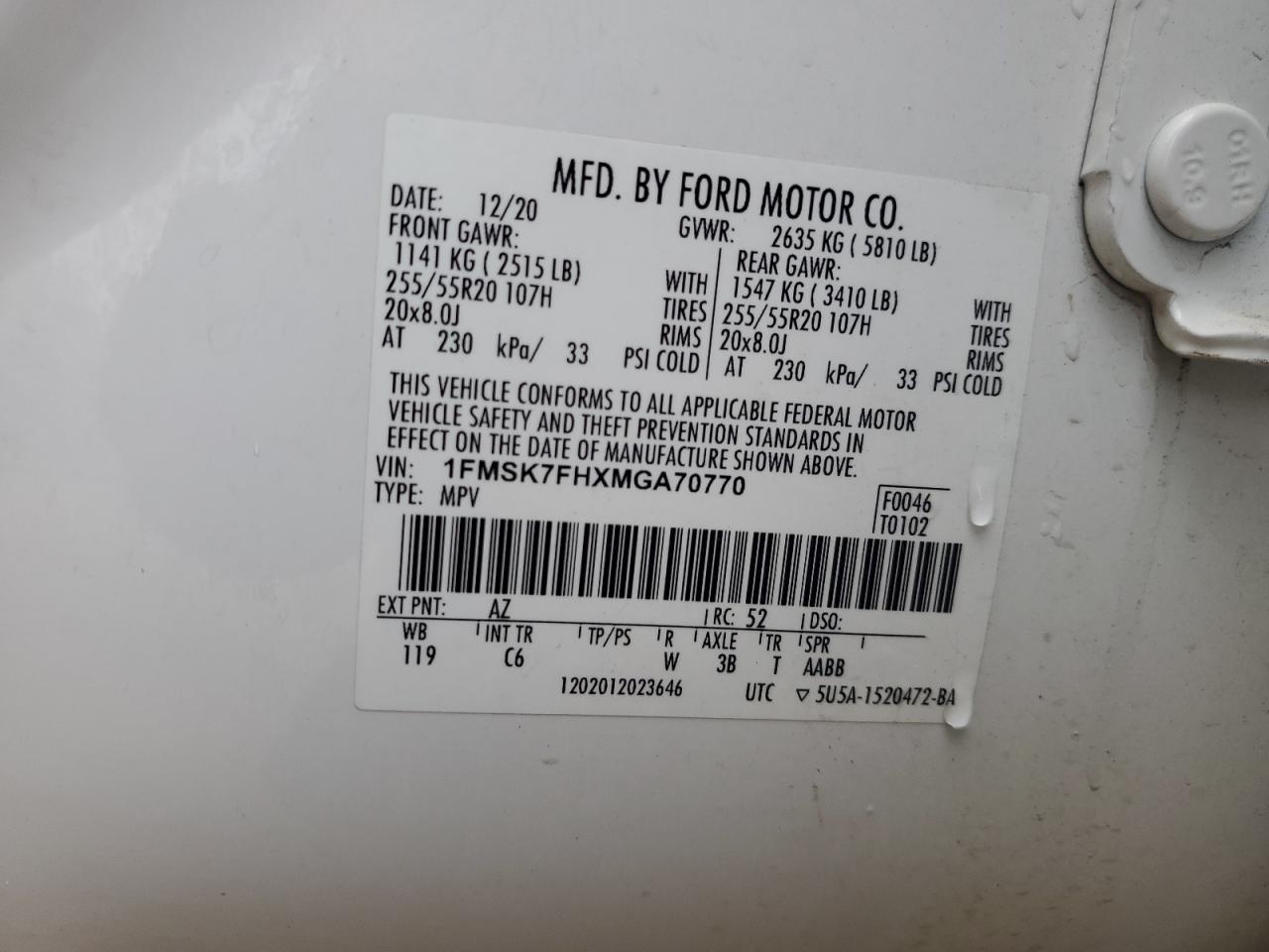 1FMSK7FHXMGA70770 2021 Ford Explorer Limited