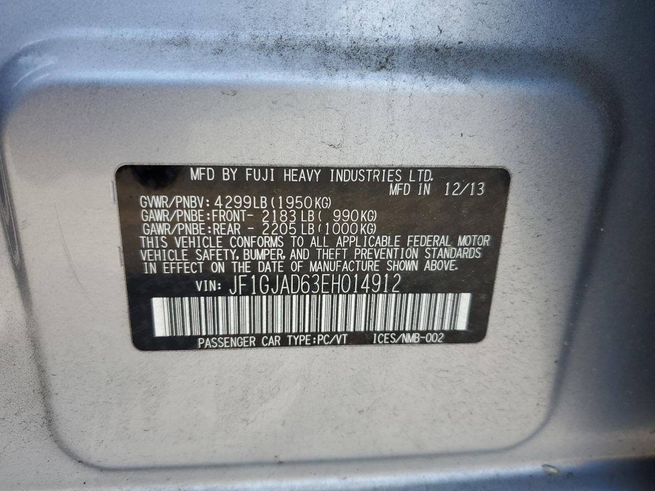 JF1GJAD63EH014912 2014 Subaru Impreza Premium