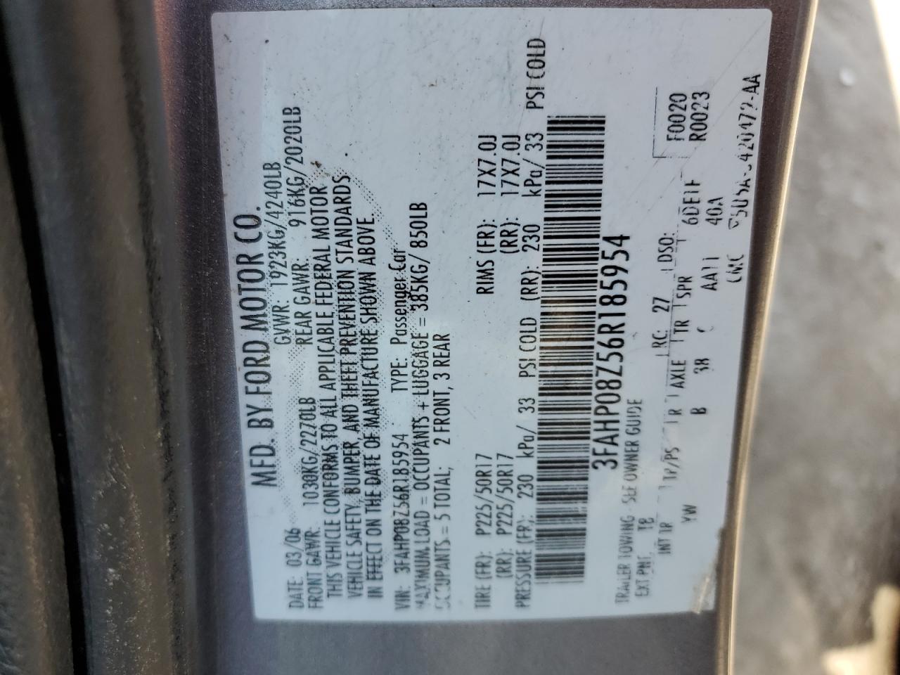 3FAHP08Z56R185954 2006 Ford Fusion Sel