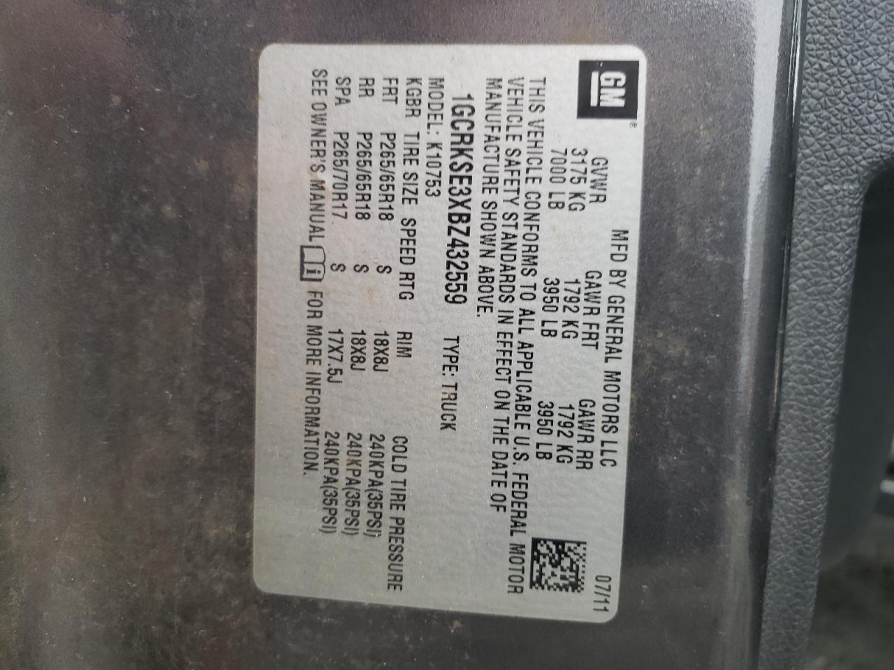 1GCRKSE3XBZ432559 2011 Chevrolet Silverado K1500 Lt