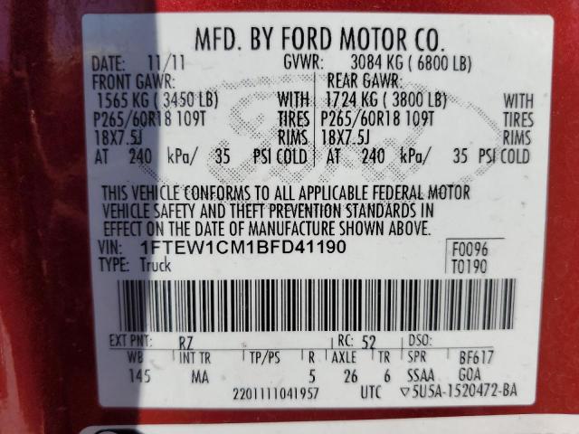 2011 Ford F150 Supercrew VIN: 1FTEW1CM1BFD41190 Lot: 60429134