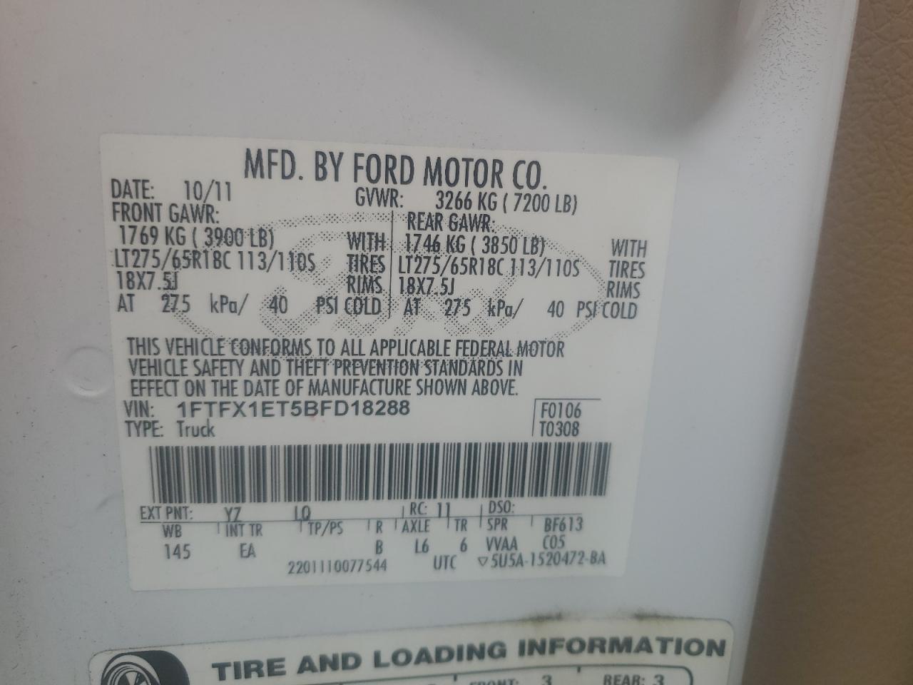 1FTFX1ET5BFD18288 2011 Ford F150 Super Cab