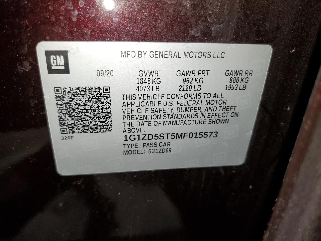 1G1ZD5ST5MF015573 2021 Chevrolet Malibu Lt