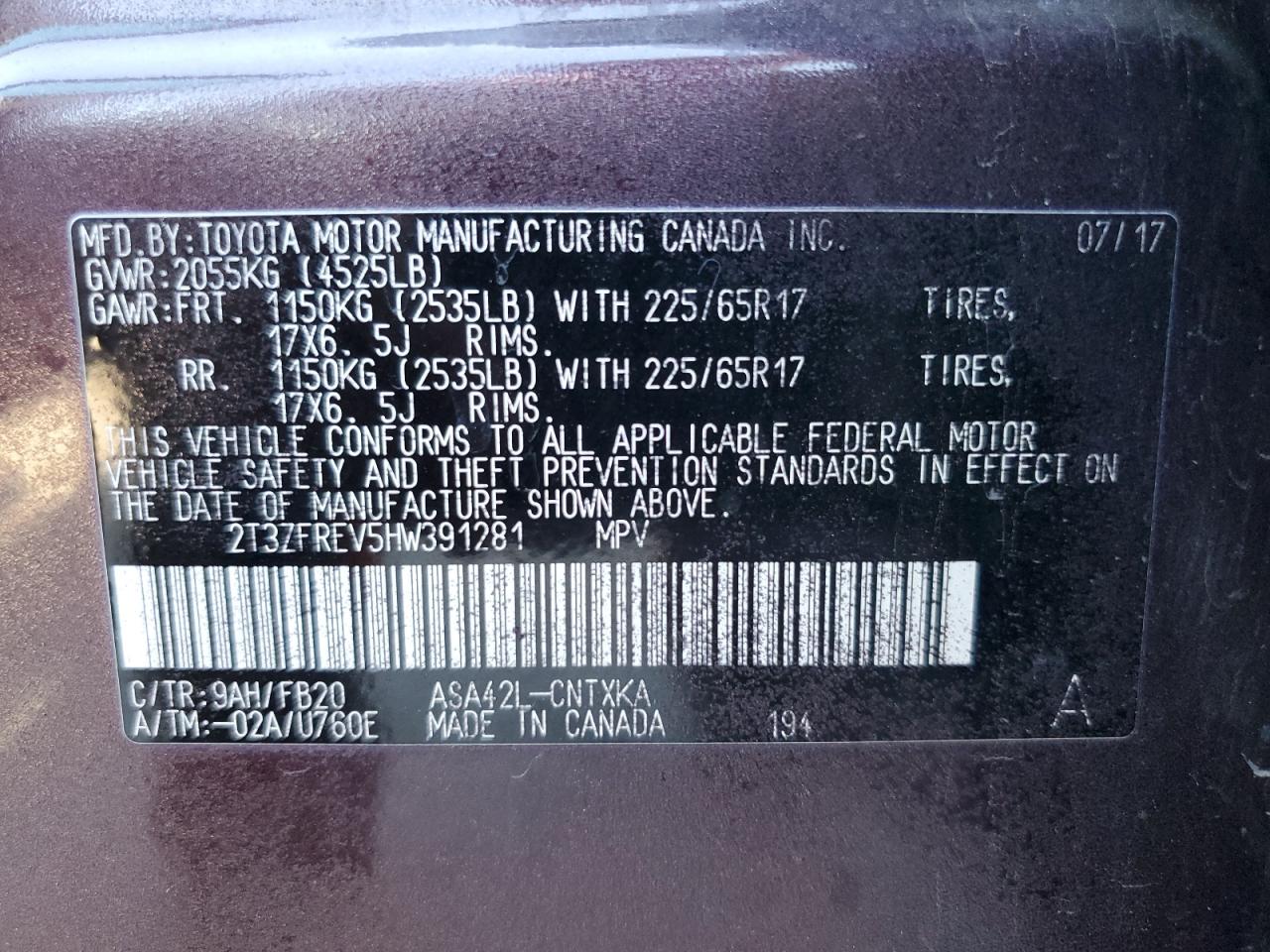 2T3ZFREV5HW391281 2017 Toyota Rav4 Le