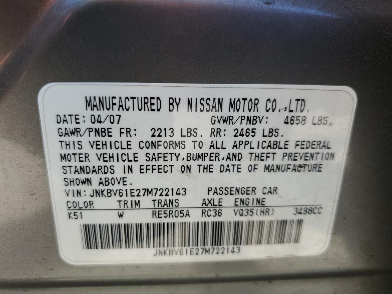 JNKBV61E27M722143 2007 Infiniti G35