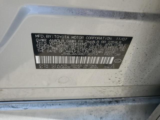 2008 Lexus Es 350 VIN: JTHBJ46GX82190714 Lot: 59088134