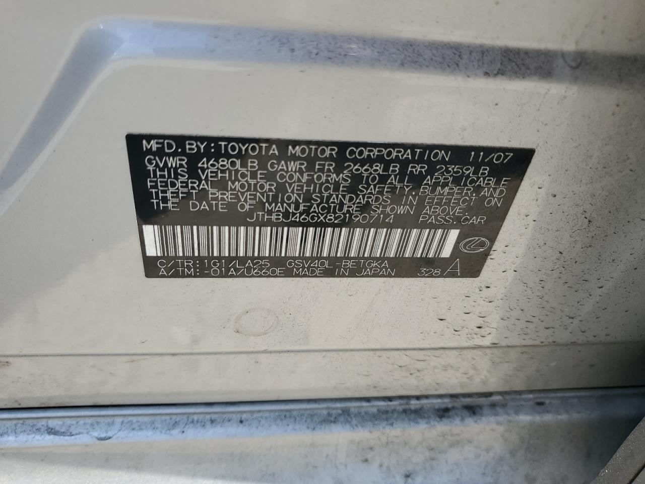 JTHBJ46GX82190714 2008 Lexus Es 350