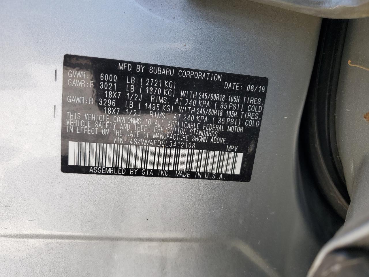 4S4WMAFD0L3412108 2020 Subaru Ascent Premium