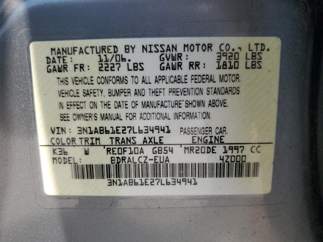 3N1AB61E27L634941 2007 Nissan Sentra 2.0
