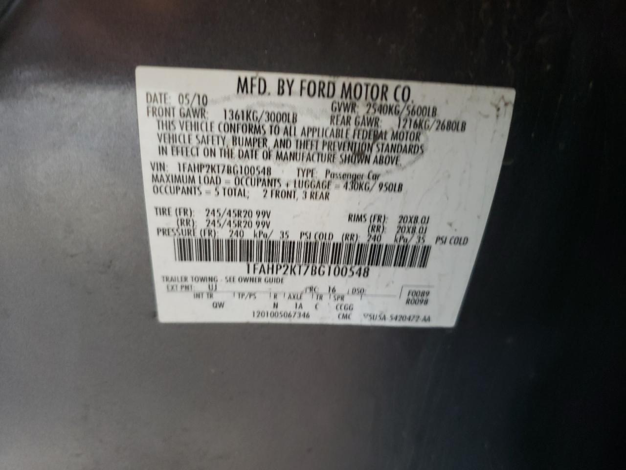 1FAHP2KT7BG100548 2011 Ford Taurus Sho