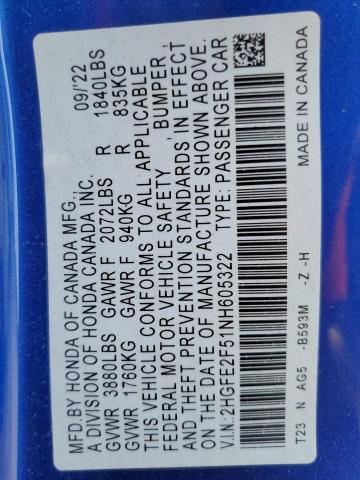 2022 HONDA CIVIC SPOR - 2HGFE2F51NH605322