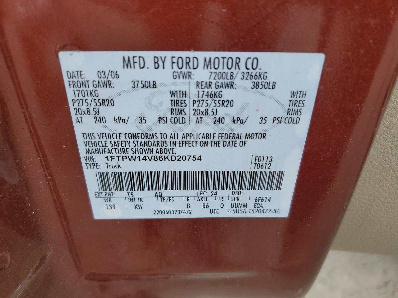 1FTPW14V86KD20754 2006 Ford F150 Supercrew