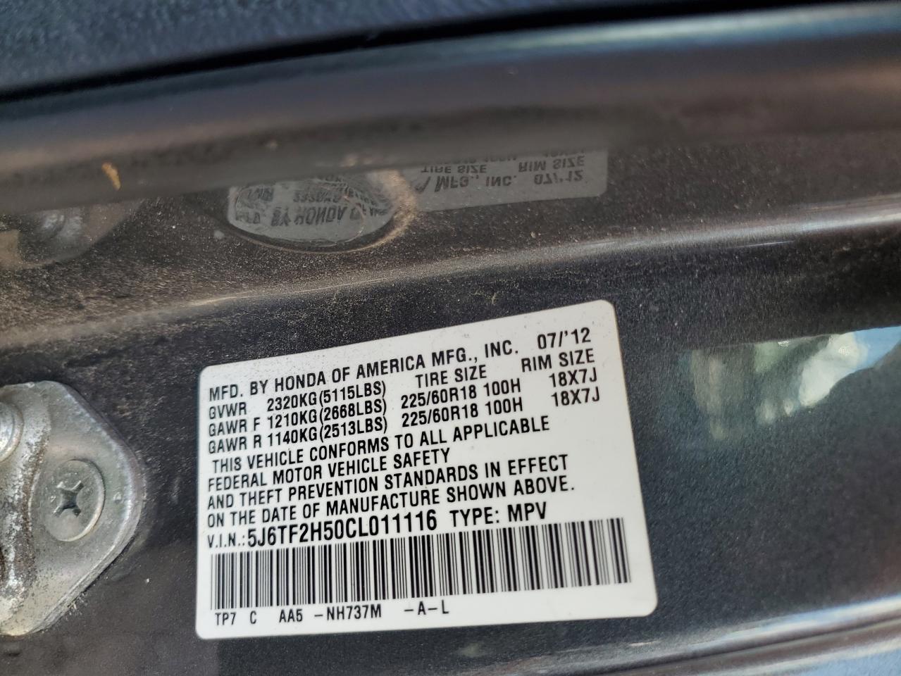 5J6TF2H50CL011116 2012 Honda Crosstour Exl