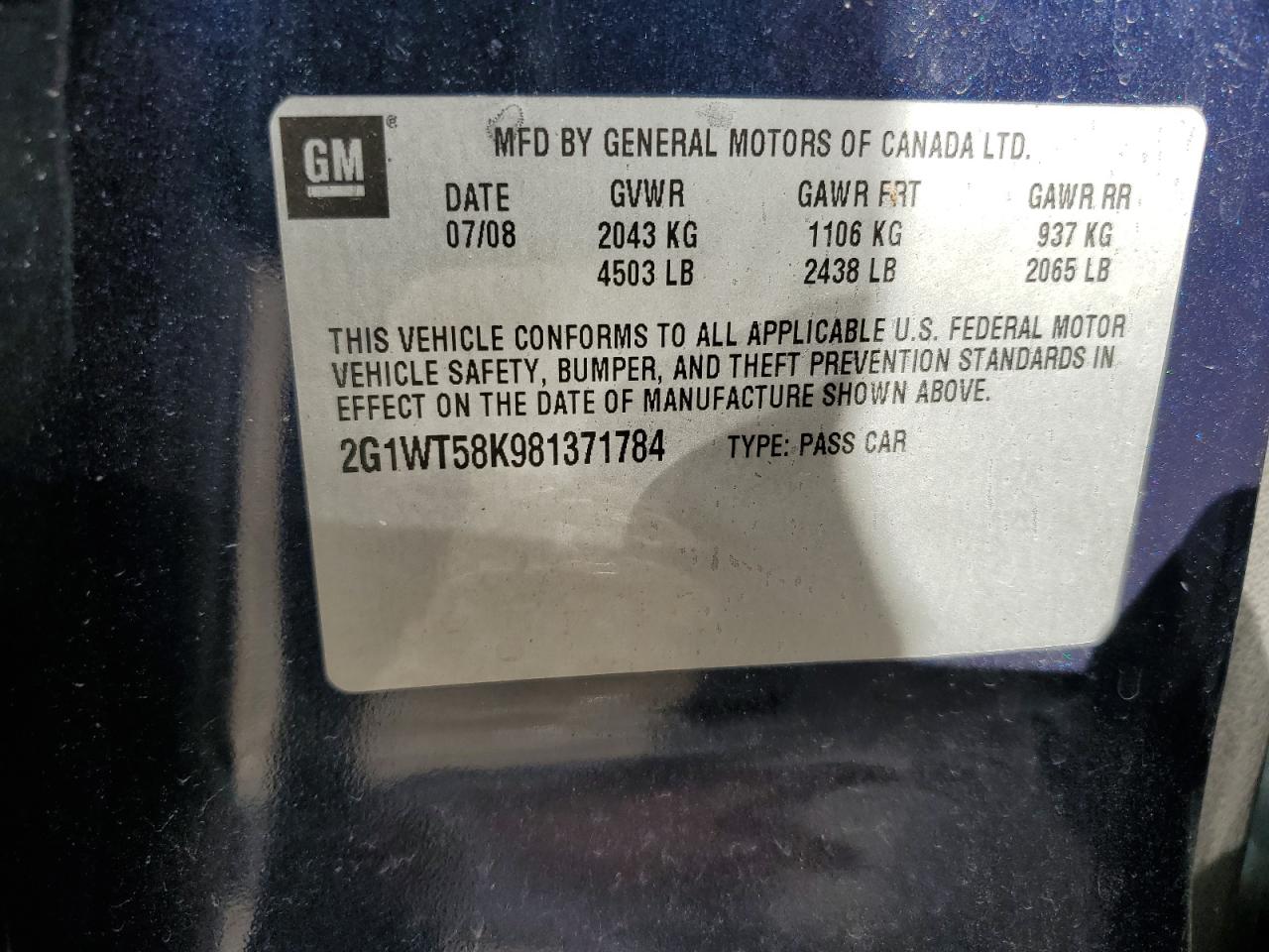 2G1WT58K981371784 2008 Chevrolet Impala Lt
