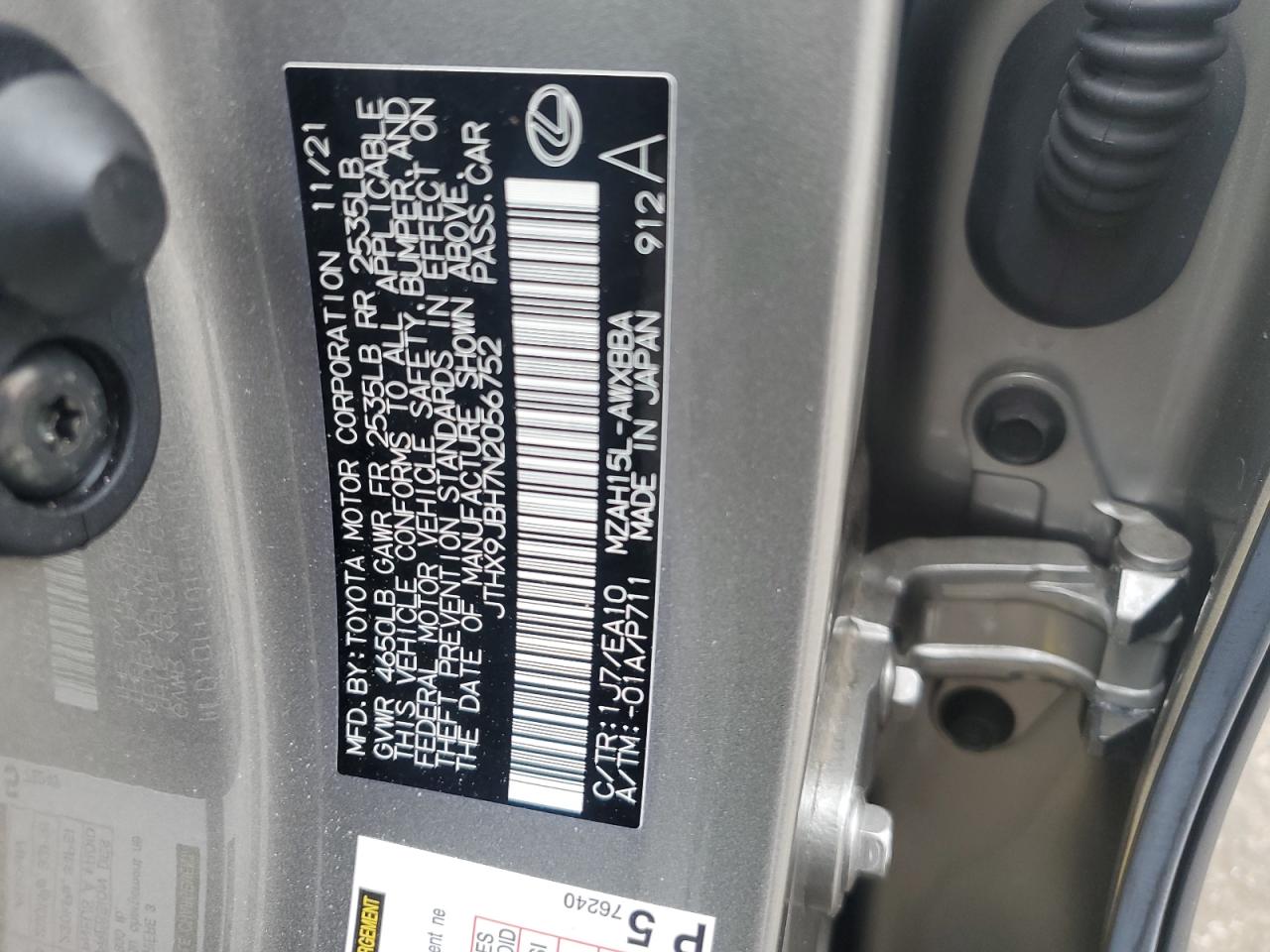 JTHX9JBH7N2056752 2022 Lexus Ux 250H Base