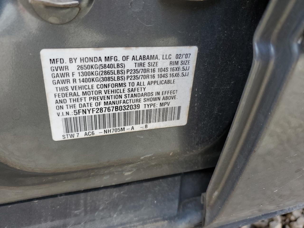 5FNYF28767B032039 2007 Honda Pilot Exl