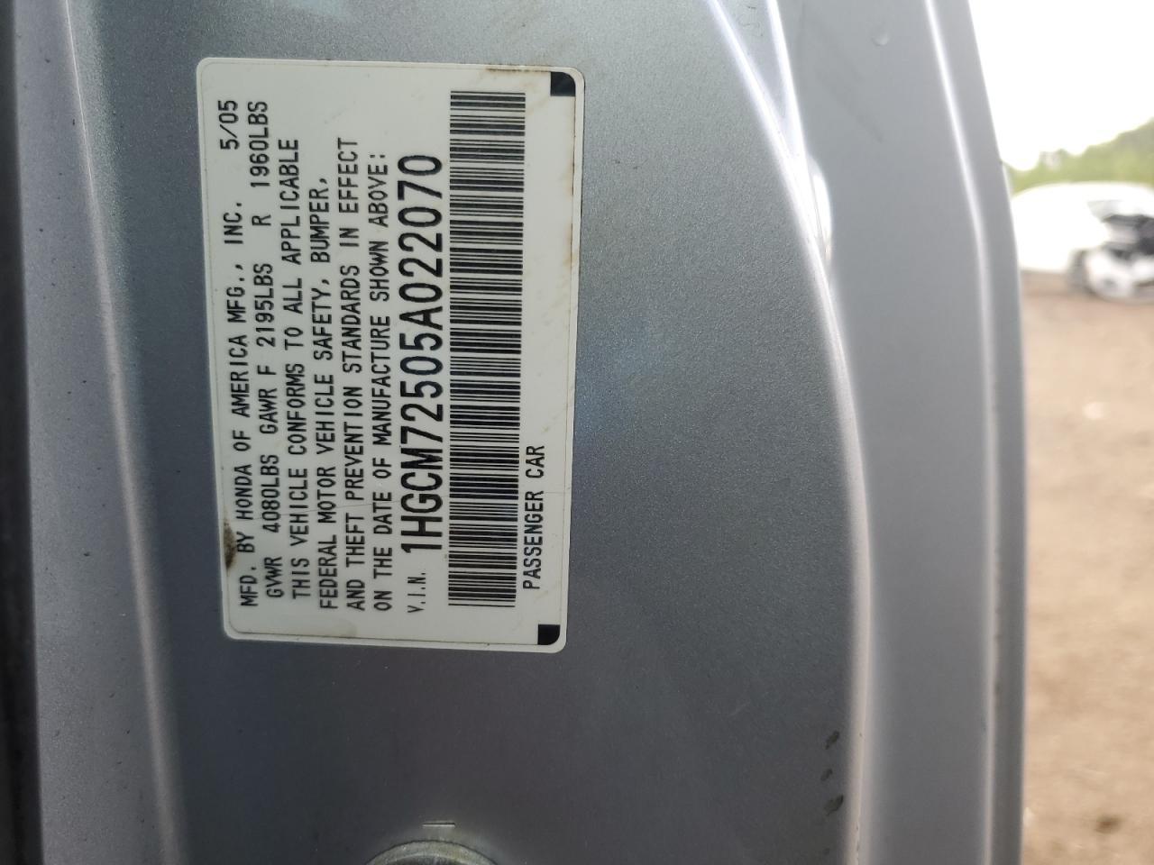 1HGCM72505A022070 2005 Honda Accord Lx