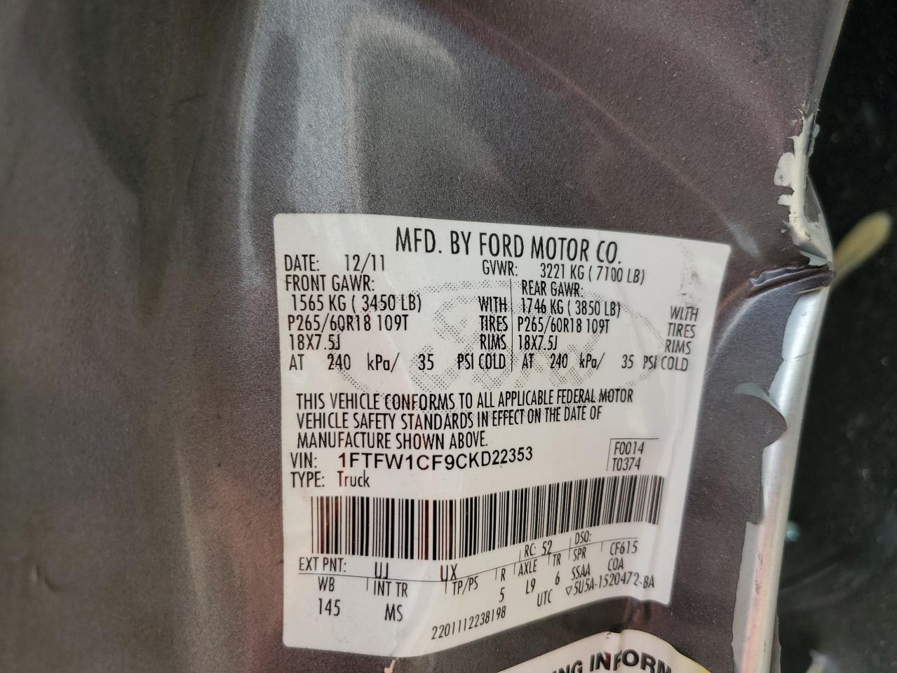 1FTFW1CF9CKD22353 2012 Ford F150 Supercrew