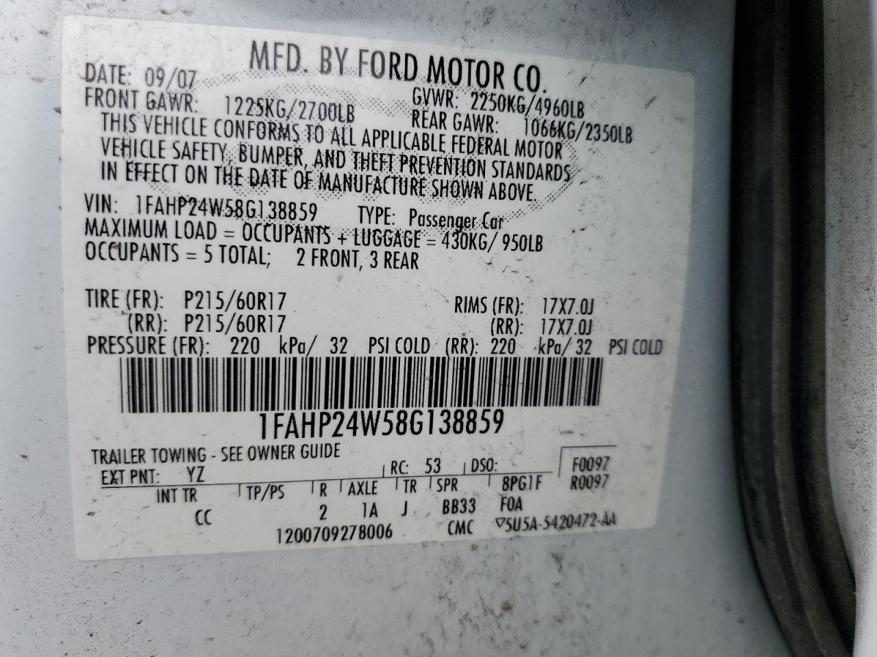 1FAHP24W58G138859 2008 Ford Taurus Sel